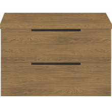 Wastafelonderkast in houtlook met twee laden en handgrepen.