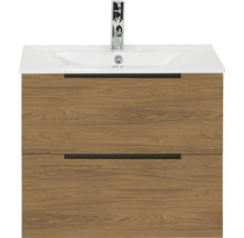 Wastafelmeubel in houtlook met twee lades, inclusief witte wastafel en verchroomde kraan.