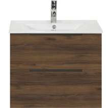 Wastafelmeubel met twee laden in houtlook, inclusief witte wastafel en verchroomde mengkraan.