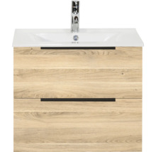 Wastafelonderkast in houtlook met twee laden, witte wastafel en verchroomde kraan.