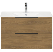 Wastafelmeubel in houtlook met twee laden, witte keramische wastafel en verchroomde kraan.