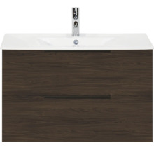Wastafelmeubel in houtlook met twee lades, keramische wastafel en kraan.