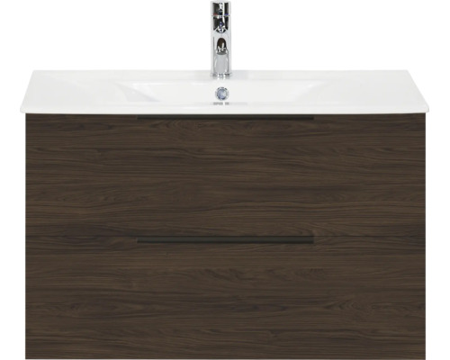 Wastafelmeubel in houtlook met twee lades, keramische wastafel en kraan.