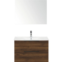 Badkamermeubelset met wastafelonderkast in donker houtlook met twee laden, witte wastafel, kraan en rechthoekige spiegel.