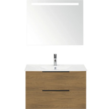 Badmeubelset met wastafelonderkast in houtlook, twee laden, witte wastafel, kraan en LED spiegel.