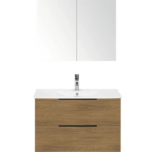 Badkamermeubelset met houten onderkast, twee laden, witte wastafel, kraan en spiegelkast.