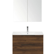 Badmeubelset met wastafelonderkast in donker houtlook met twee laden, keramische wastafel, kraan en tweedeurs spiegelkast.