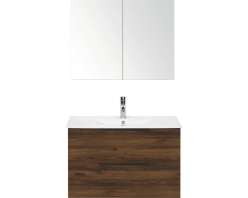 Badmeubelset met wastafelonderkast in donker houtlook met twee laden, keramische wastafel, kraan en tweedeurs spiegelkast.