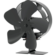 Zwarte kachelventilator met vijf bladen en een beschermring.