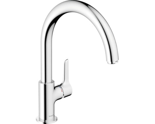 Hansgrohe eenhendel keukenmengkraan met hoge C-uitloop en zijhendel in chroomoptiek.