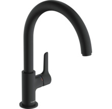Hansgrohe eengreeps keukenmengkraan met hoge ronde uitloop en zijgreep in mat zwart.