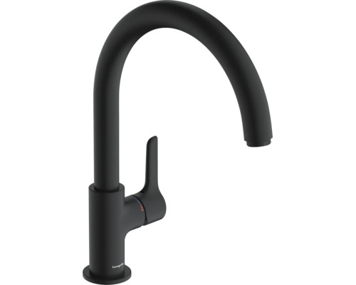 Hansgrohe eengreeps keukenmengkraan met hoge ronde uitloop en zijgreep in mat zwart.