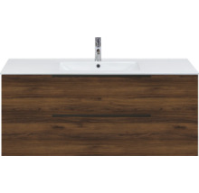 Wastafelonderkast in houtlook met twee laden, witte wastafel en chromen kraan.