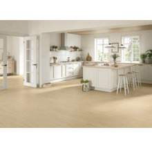 Lichte keuken en woonkamer met een lichte vloer met houtlook, witte kasten, een groot kookeiland met krukken en twee ramen.