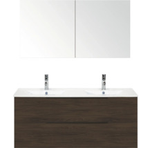 Badkamermeubelset met dubbele wastafel, onderkast in donker houtdecor, twee kranen en een spiegelkast met twee deuren.
