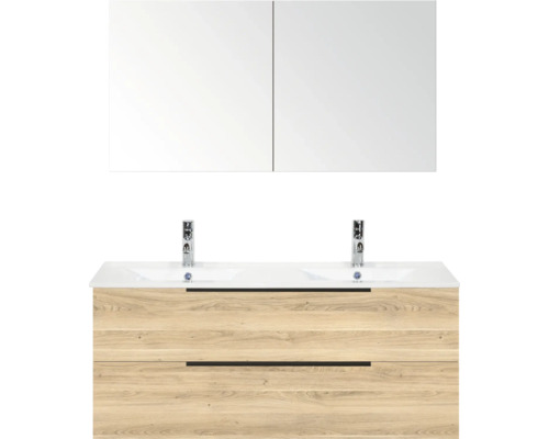Modern badkamermeubelset bestaande uit een dubbele wastafel, onderkast in houtlook met twee laden en een tweedeurs spiegelkast.