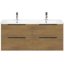 Dubbel wastafelmeubel met vier laden in houtlook en geïntegreerde dubbele wastafel inclusief kranen.