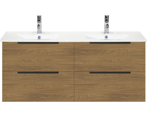 Dubbel wastafelmeubel met vier laden in houtlook en geïntegreerde dubbele wastafel inclusief kranen.