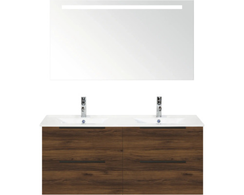 Badkamermeubelset bestaande uit een dubbele wastafel, onderkast in houtlook met vier laden en een spiegel met LED-verlichting.