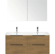 Dubbele wastafelset met spiegelkast, dubbele wastafel, twee kranen en onderkast met vier laden in eiken decor.