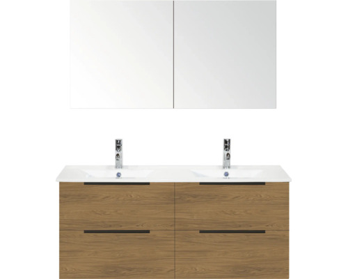 Dubbele wastafelset met spiegelkast, dubbele wastafel, twee kranen en onderkast met vier laden in eiken decor.