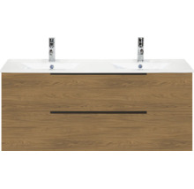 Dubbel wastafelmeubel met dubbele wastafel in eikenlook, twee laden en verchroomde kranen.