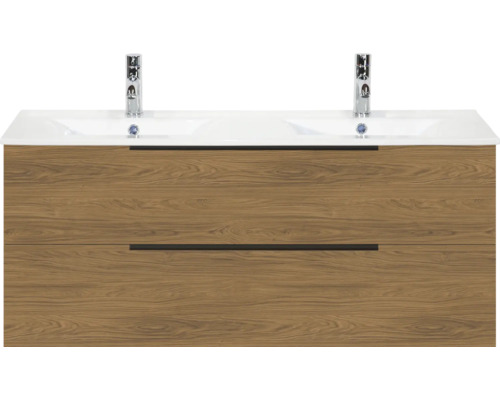 Dubbel wastafelmeubel met dubbele wastafel in eikenlook, twee laden en verchroomde kranen.