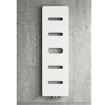 Verticale designradiator met vijf horizontale ovale openingen voor handdoeken, wandmontage.