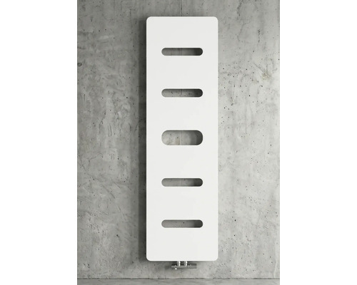 Verticale designradiator met vijf horizontale ovale openingen voor handdoeken, wandmontage.