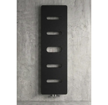 Verticale designradiator in antraciet met vijf ovale uitsparingen.