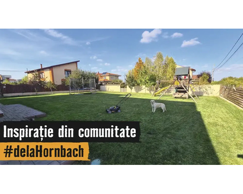 Ruime tuin met verzorgd gazon, grasmaaier, hond, speelhuisje met glijbaan en trampoline op de achtergrond.