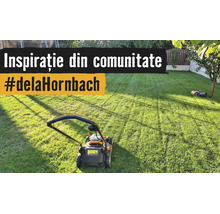 Gezond gazon met een grasmaaier en een robotmaaier. Tekst Inspiratie uit de community hashtag van Hornbach.