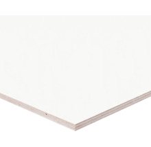Wit gecoate multiplexplaat met zichtbare houtlagen aan de rand.