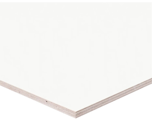 Wit gecoate multiplexplaat met zichtbare houtlagen aan de rand.