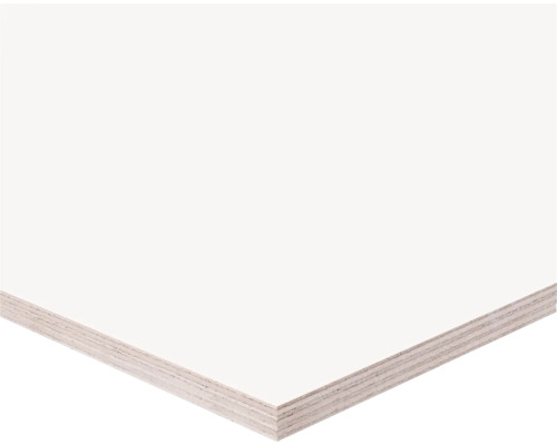 Multiplex plaat met witte filmcoating, detailweergave van de rand met zichtbare houtlagen.