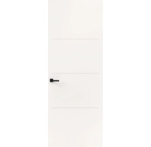 Moderne binnendeur in wit met drie horizontale groeven en een zwarte deurklink.