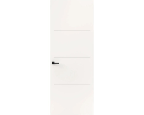 Moderne binnendeur in wit met drie horizontale groeven en een zwarte deurklink.