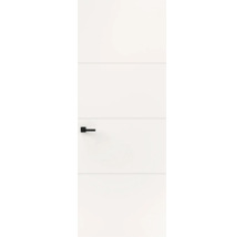 Witte binnendeur met drie horizontale groeven en een zwarte deurklink.
