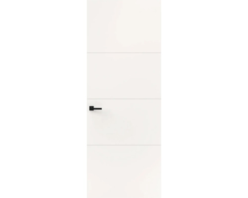 Witte binnendeur met drie horizontale groeven en een zwarte deurklink.