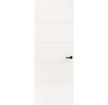 Witte binnendeur met vijf horizontale groeven en een zwarte, vierkante deurklink.