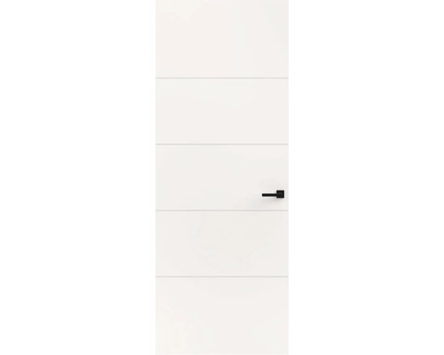Witte binnendeur met vijf horizontale groeven en een zwarte, vierkante deurklink.