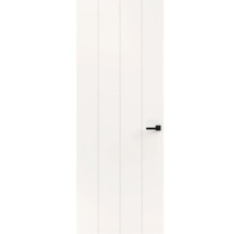 Witte binnendeur met verticale groeven en zwarte deurkruk.