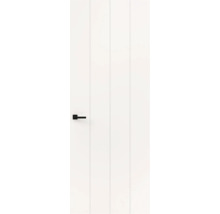 Witte binnendeur met verticale groeven en zwarte deurkruk.