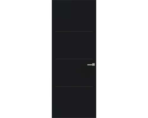Binnendeur in het zwart met drie horizontale lijnen en een zilveren deurklink.