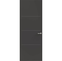 Moderne binnendeur in antraciet met drie horizontale sierlijnen en een zilverkleurige deurkruk.