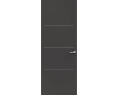 Moderne binnendeur in antraciet met drie horizontale sierlijnen en een zilverkleurige deurkruk.