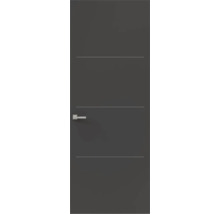 Moderne binnendeur in antraciet met drie horizontale metalen inlays en een zilverkleurige deurklink.