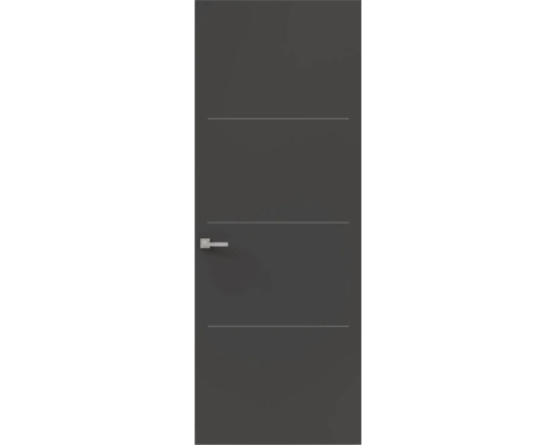 Moderne binnendeur in antraciet met drie horizontale metalen inlays en een zilverkleurige deurklink.