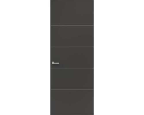 Antracietkleurige binnendeur met horizontale groeven en zilverkleurige deurklink.