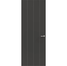 Moderne binnendeur in antraciet met drie verticale lijnen en zilverkleurige deurklink.